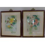 Two Chinese paintings on silk of birds on blossoming trees, framed and glazed, bearing signature and