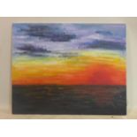 20th century school, an abstract sunset in orange, red, yellow, black, purple and blue, oil on