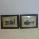 A pair of 19th century oak framed pencil drawings both depicting a woman with child within a coastal