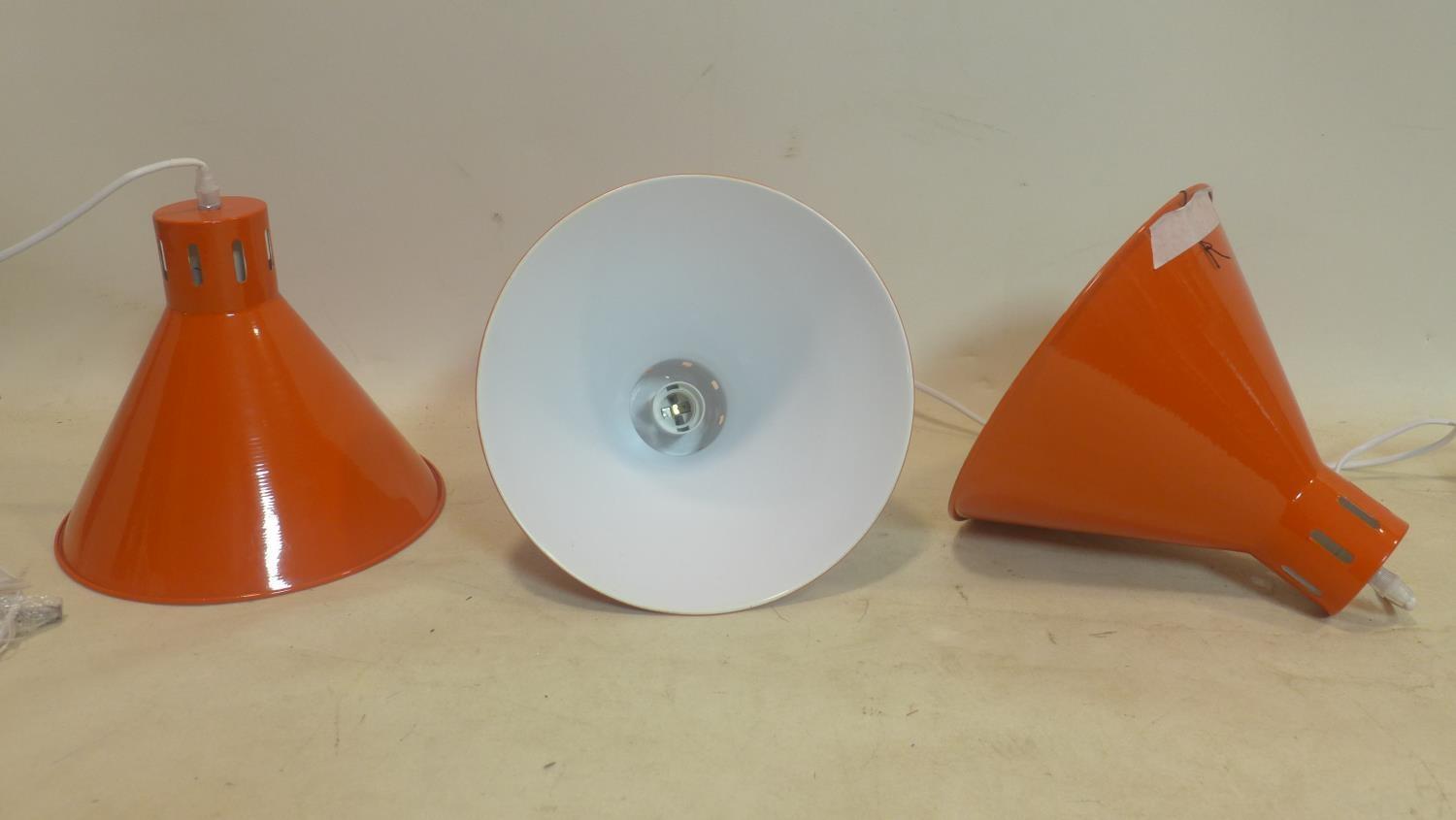 A set of 3 brand-new orange enamelled metal ceiling lights (white enamel interiors) complete with - Image 2 of 2