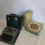 A vintage Phillips disc jockey major portable record player together with a Olympia typewriter