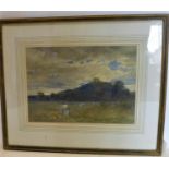 Mid 20th century school, Figures working in a field with castle to background, watercolour,