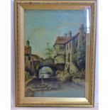 An oil painting of a boy fishing in a river with a village to background, unsigned, in glazed gilt