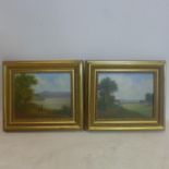 A pair of gilt-framed oil on boards each depicting a female figure within a landscape, signed R.