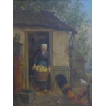 J. Dubois (20th century Continental school), Elderly women carrying a basket of food in a farmyard