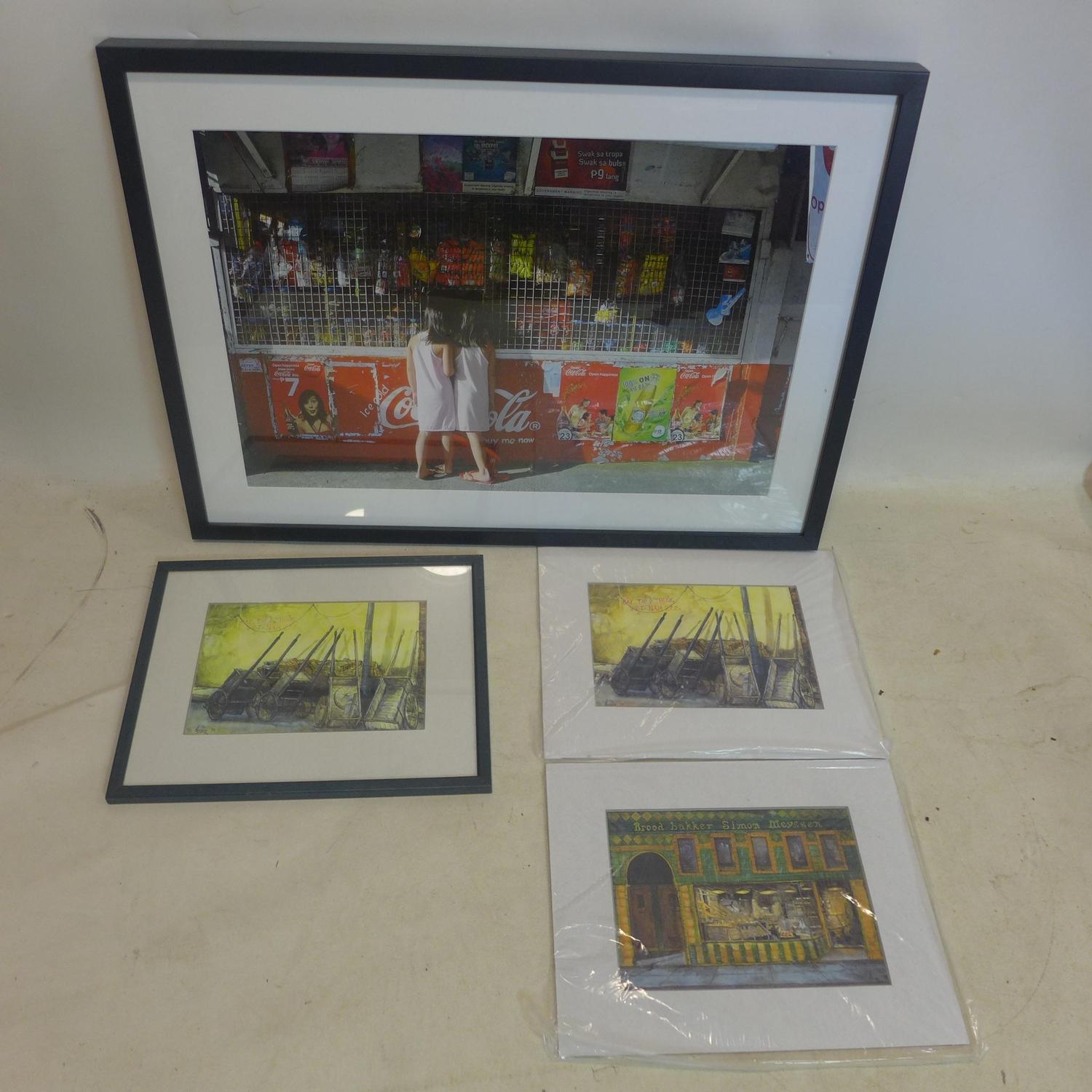 A framed Vietnamese print of wheel barrows on a street, signed Heady and dated 98 to the block, 24 x