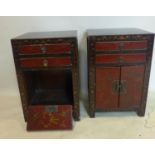 A pair of early 20th century Chinese lacquered side cabinets, one lacking one door, H.60 W.40 D.33cm