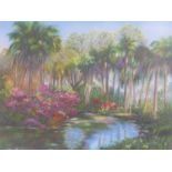 A print of a palm trees and blossoming flowers by an idyllic river, 'Earthly Pleasures', signed J.