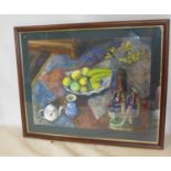 A large still life study of a fruit bowl, Staffordshire figures, a vase of flowers, a blue and white