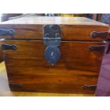 A large oak storage box with iron side handles, lock and supports, 25 x 33 x 33cm
