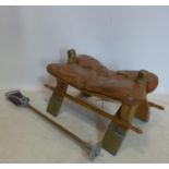 A vintage Egyptian camel saddle stool together with a vintage shooting stick