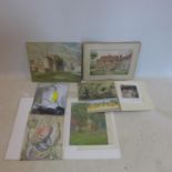 A folio of various prints, painting and sketches, together with 7 early 20th century soap adverts (