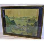 A large late 19th century Chinese landscape watercolour on silk, signed Geng Xu with red seal marks,