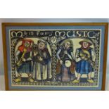 An antique hand-coloured print of musicians, 'M is for Music', framed and glazed, 28 x 43cm