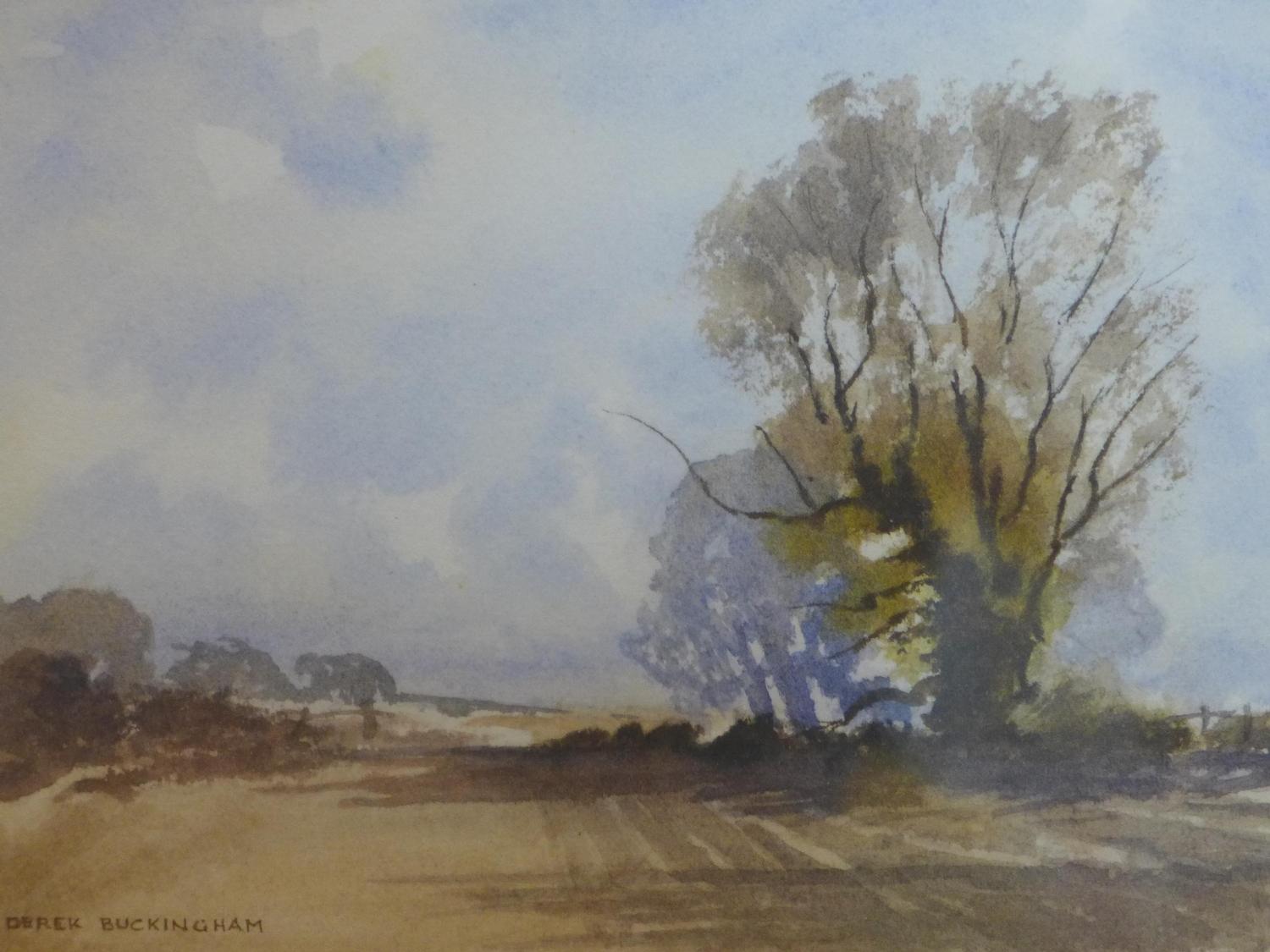 Derek Buckingham, two watercolours to include 'Sussex Fields' and 'Snow Showers over Epsom Downs', - Image 3 of 3