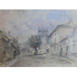 20th century British school, View of a high street of a British town, gouache and pencil study,