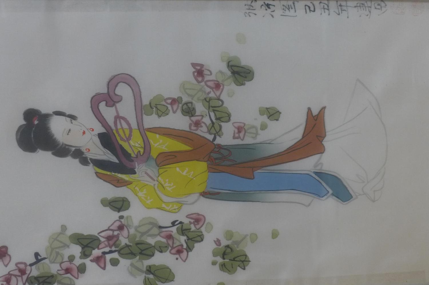 Three Chinese watercolours on silk of ladies in garden settings, signed and with seal marks, framed, - Image 8 of 8