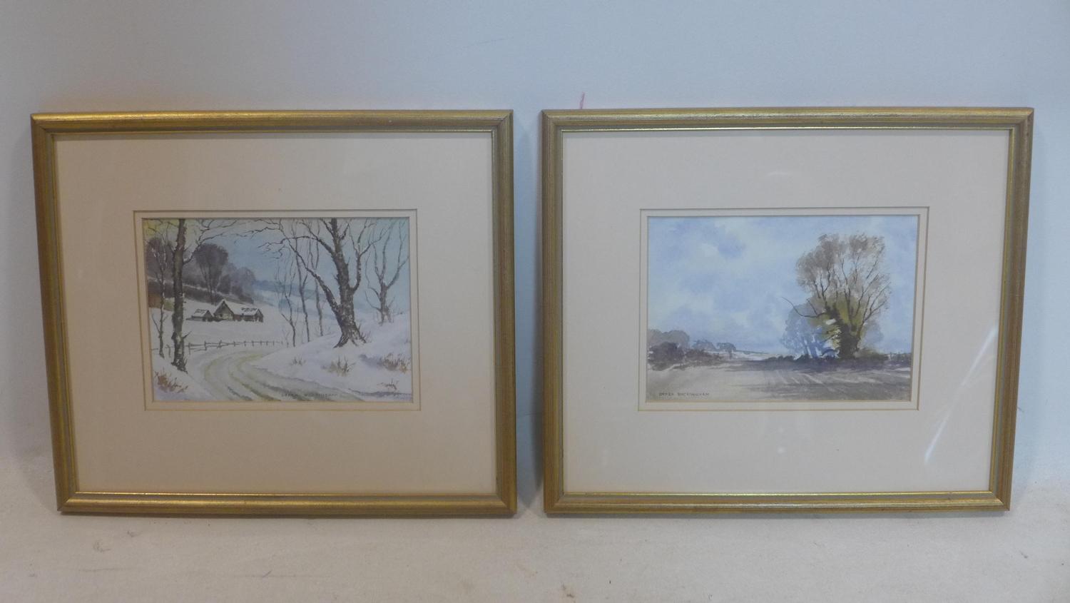 Derek Buckingham, two watercolours to include 'Sussex Fields' and 'Snow Showers over Epsom Downs',