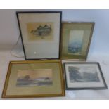 Two 20th century watercolours of mountains, together with a signed print and one other