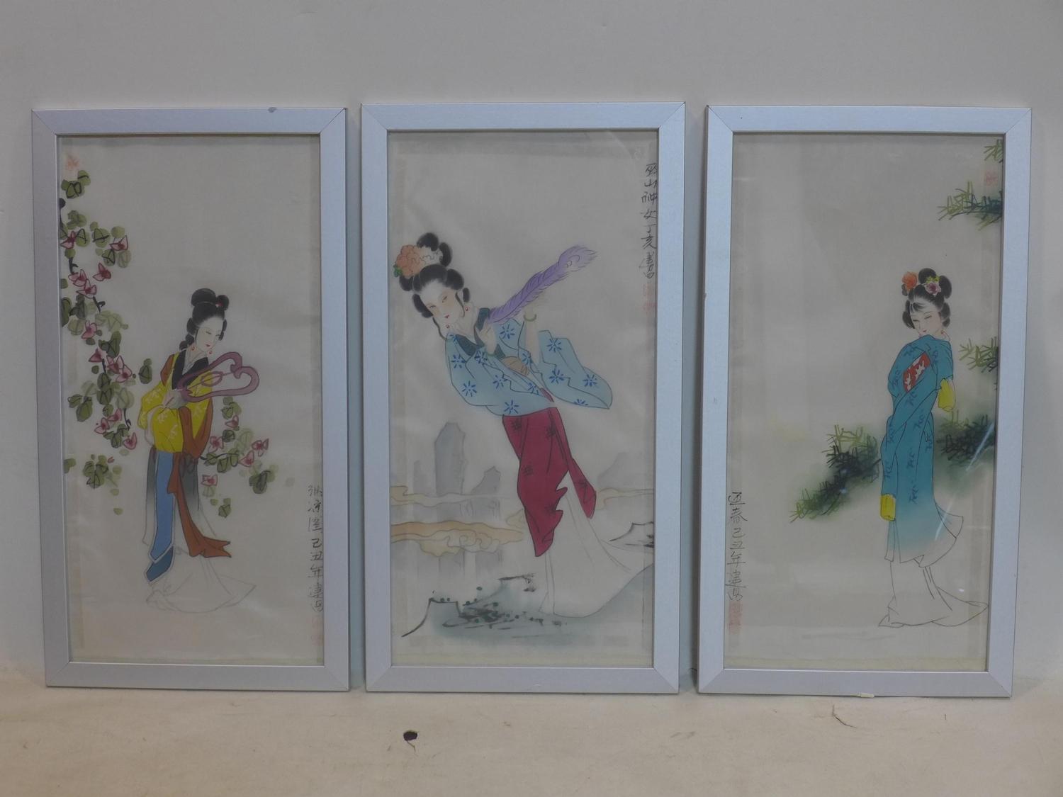 Three Chinese watercolours on silk of ladies in garden settings, signed and with seal marks, framed, - Image 2 of 8