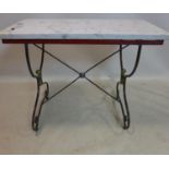 A vintage wrought iron console table with marble top, H.75 W.95 D.47cm