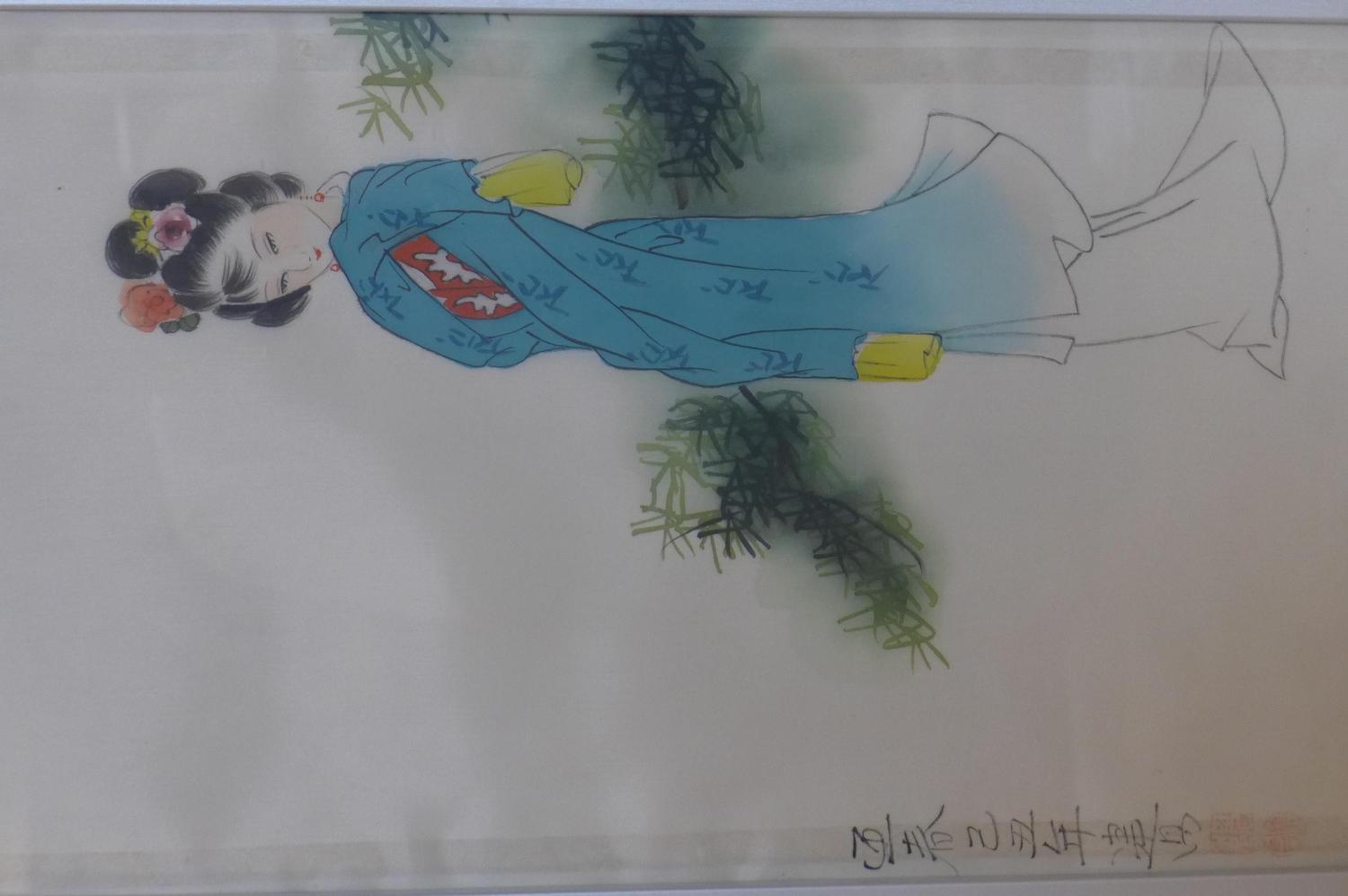 Three Chinese watercolours on silk of ladies in garden settings, signed and with seal marks, framed, - Image 4 of 8