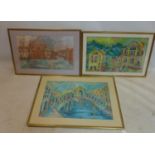 A set of three late 20th century school oil on boards by the same hand, two depicting Venetian canal