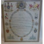 A late 18th/early 19th century Grocers Royal Warrant of Appointment, hand painted with armorial