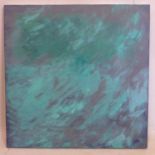 A contemporary American abstract oil on canvas in turquoise and green, indistinctly signed lower