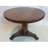 A Victorian mahogany breakfast table, on octagonal tapered support, on tri-form base with lion paw