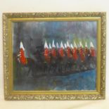 An oil on canvas depicting the Household Cavalry Mounted Regiment, in gilt frame, 49 x 59cm