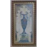 A large oil on board depicting an urn raised on a plinth decorated with a Griffin, in gilt frame,