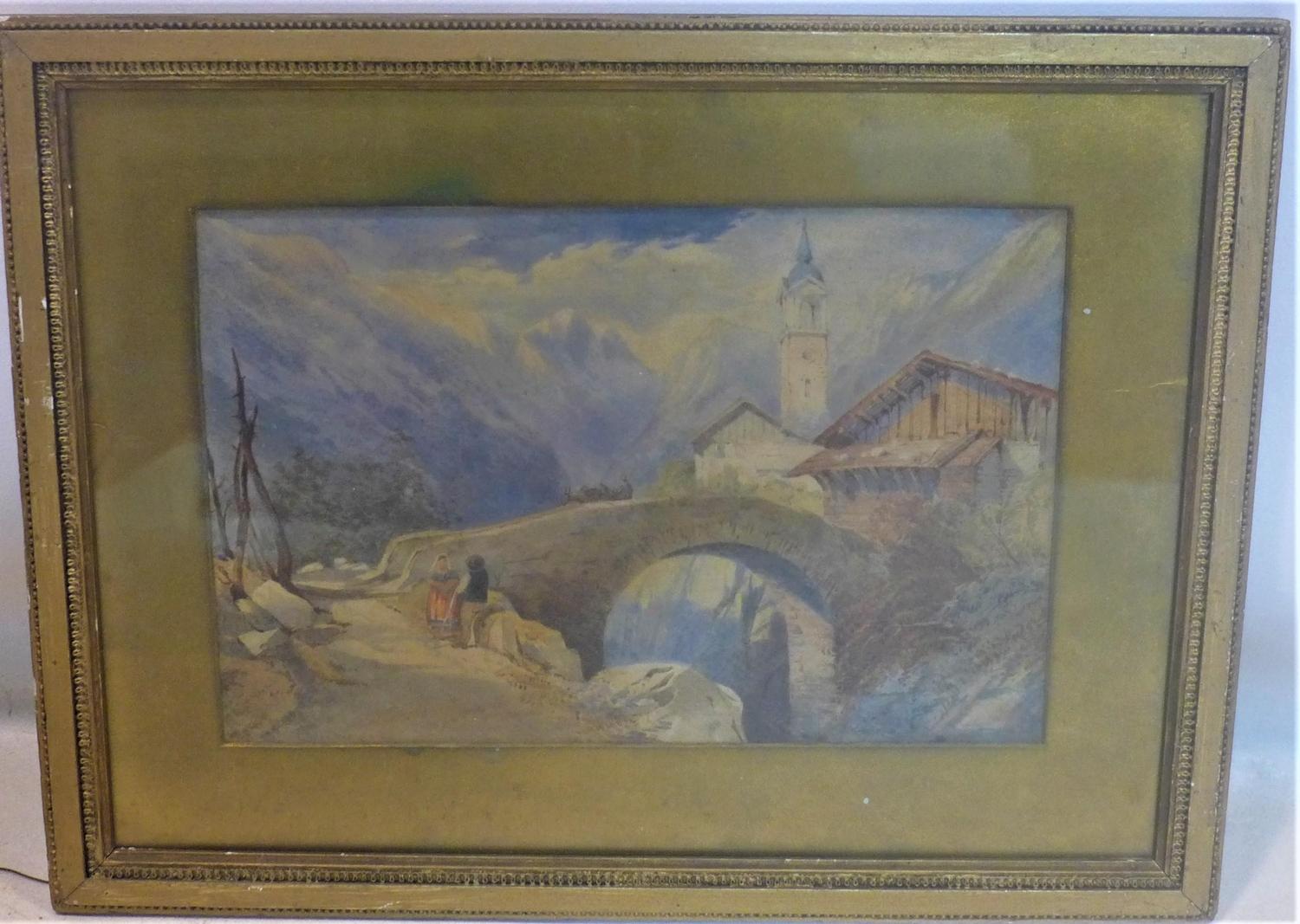 Late 19th / early 20th century Continental school, Figures by a bridge in a mountainous landscape,