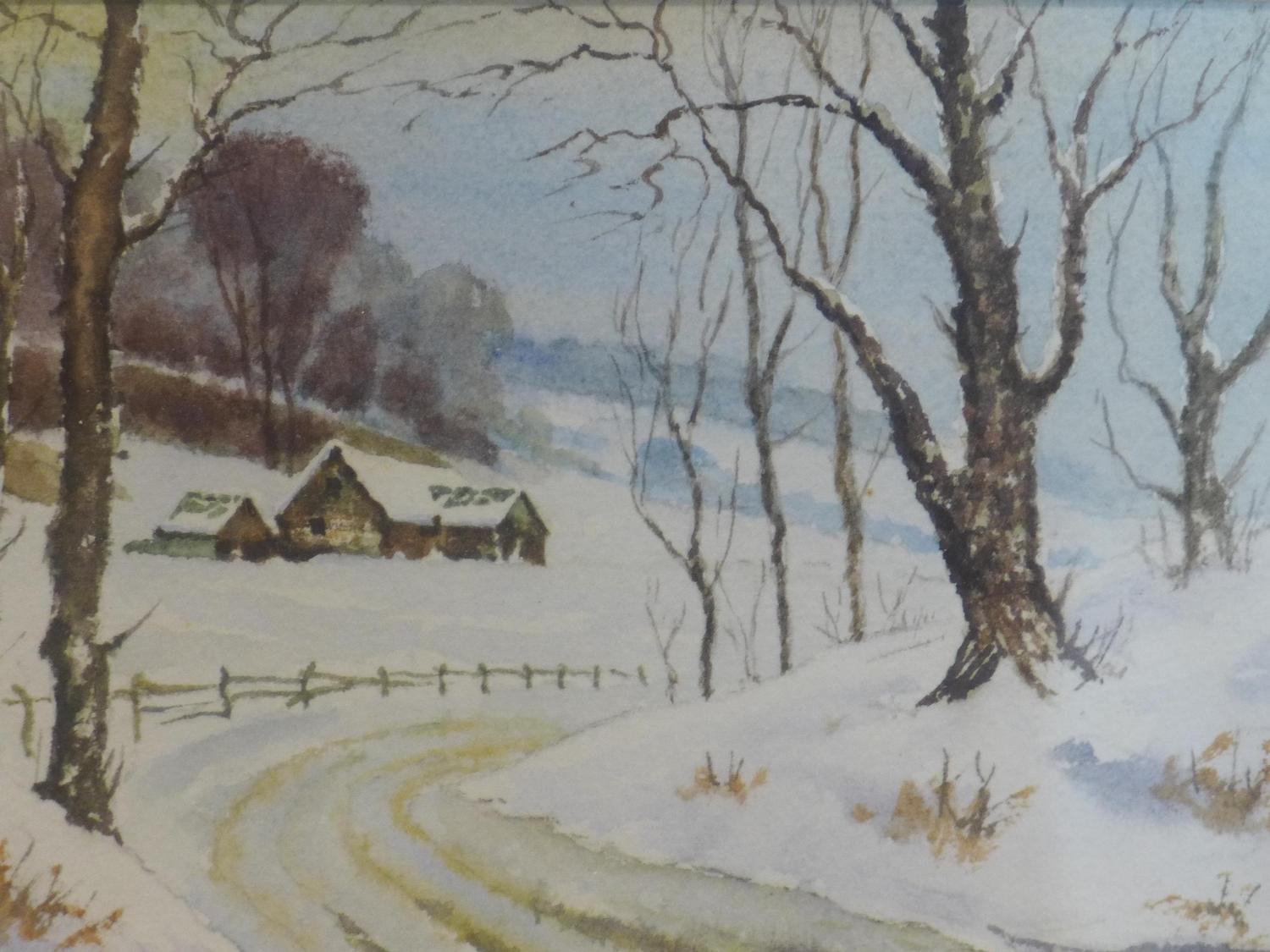 Derek Buckingham, two watercolours to include 'Sussex Fields' and 'Snow Showers over Epsom Downs', - Image 2 of 3