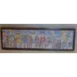 A contemporary plaster frieze moulded with children looking over a wall, signed Bromley, 34 x 124cm,