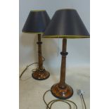 A pair of burr walnut effect table lamps with shades, H.39cm