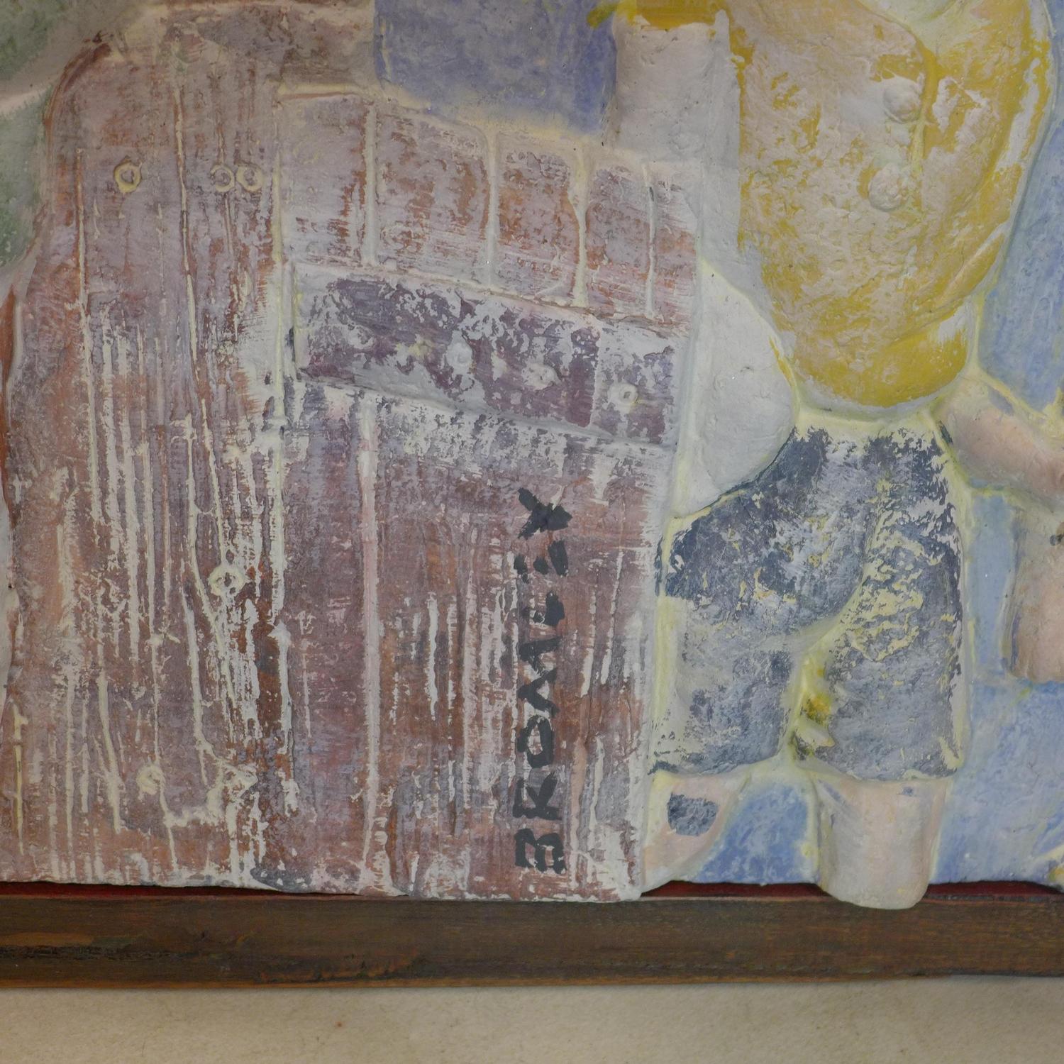 A contemporary plaster frieze moulded with children looking over a wall, signed Bromley, 34 x 124cm, - Image 2 of 2