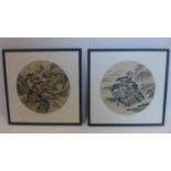 A pair of Chinese glazed and framed circular ink drawings on silk depicting gnarled trees in