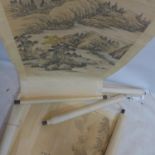 A collection of four Chinese printed scrolls, decorated with mountainous landscapes, 128 x 65cm (4)