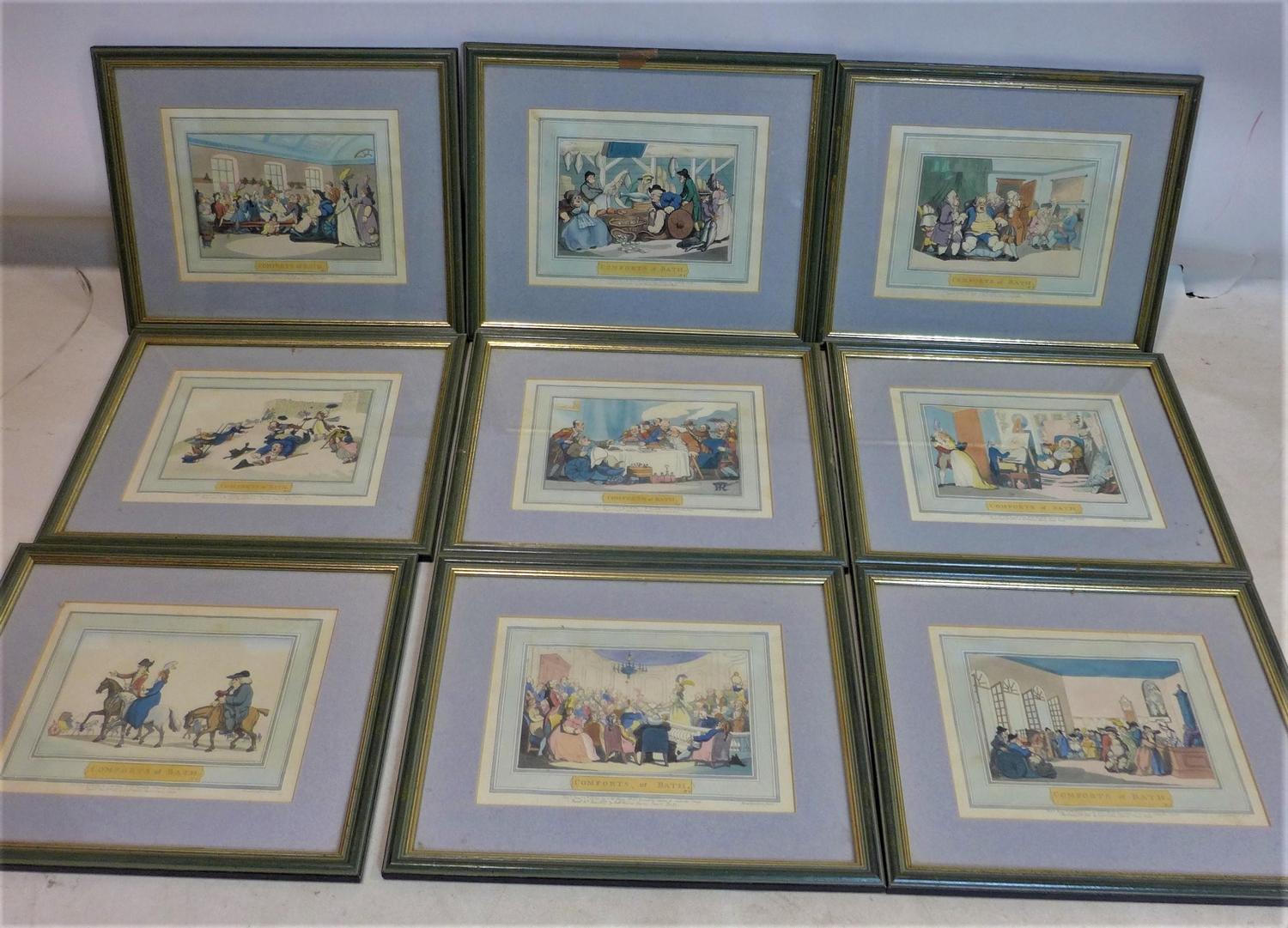 After Rowlandson, a set of nine satirical hand-coloured prints from the Comforts of Bath series,