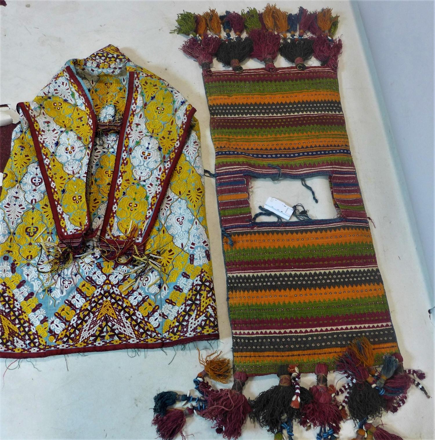 A Turkoman Yomud ceremonial saddle bag, together with a Turkoman silk embroidered kaftan - Image 2 of 2