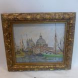 A 20th century oil on board of boats and a cathedral, signed 'Horton', set in gilt wood frame, 37