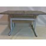 A weathered teak garden dining table with painted base, H.76 W.150 D.90cm