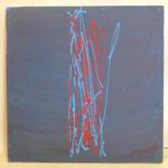 A contemporary abstract oil on canvas in light blue and red on a dark blue ground, signed lower
