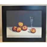 George Tincu (Contemporary artist), Still life of peaches and a glass, oil on canvas, signed lower