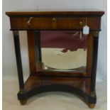 A Biedermeier style part ebonized walnut side table, with single drawer above mirrored back,