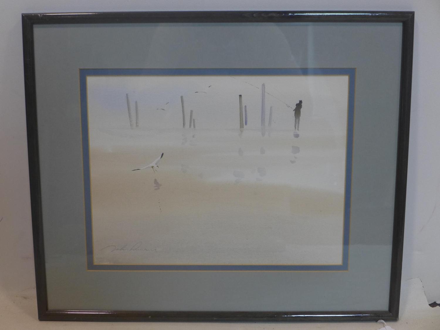 20th century British school, Fisherman and seagulls on a beach, watercolour, indistinctly signed - Image 3 of 3