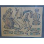 A framed and glazed, French, early 20th century coloured print of harlequin jesters entitled, '