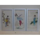 Three Chinese watercolours on silk of ladies in garden settings, signed and with seal marks, framed,