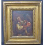 A small oil on board of a man playing the drum to a boy, signed, in gilt frame, 17 x 14cm